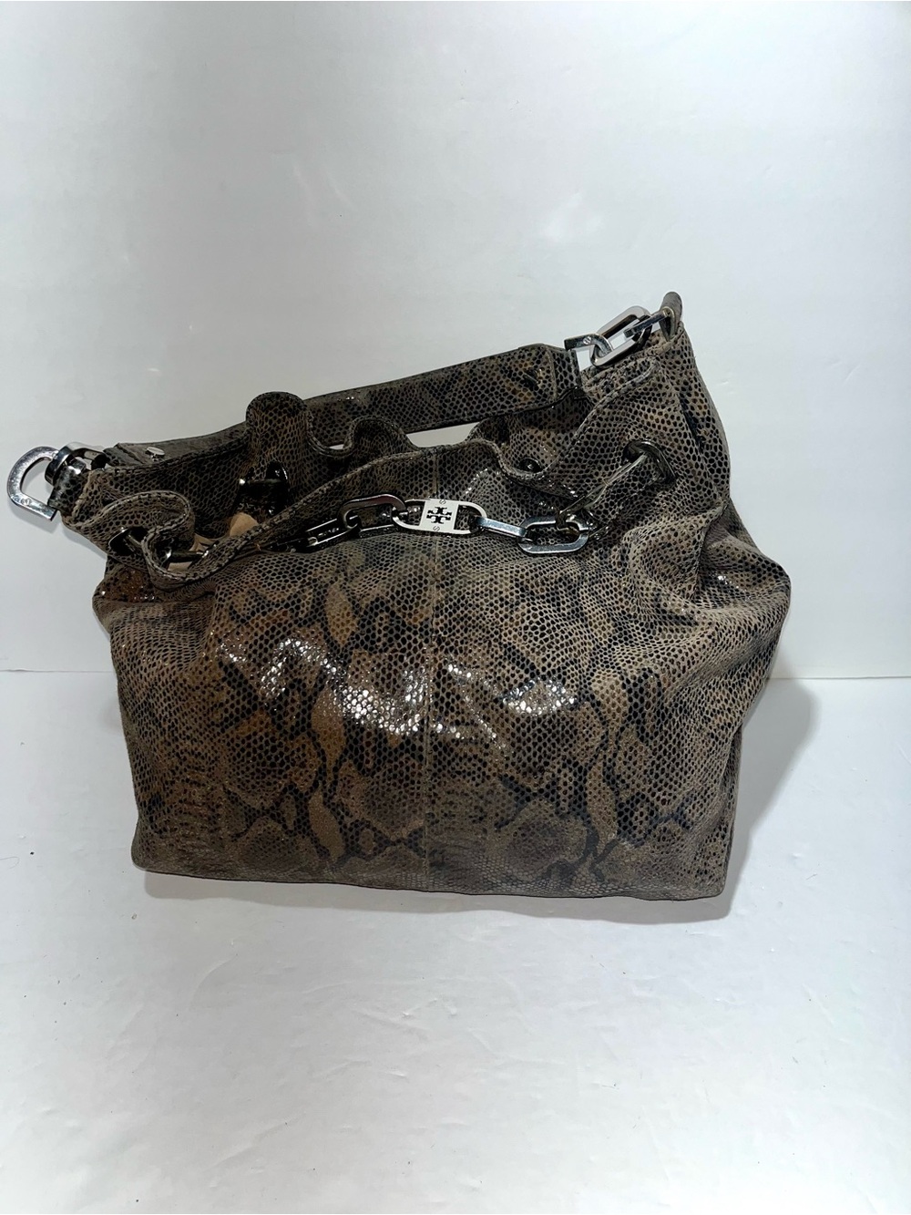 😍 Tory Burch Brown Snake-Print Shoulder Bag with Silver Hardware